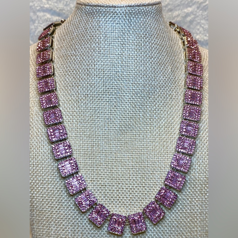 Stunning Pink Glass Rhinestone Statement Necklace Stainless Steel w Safety Clasp
